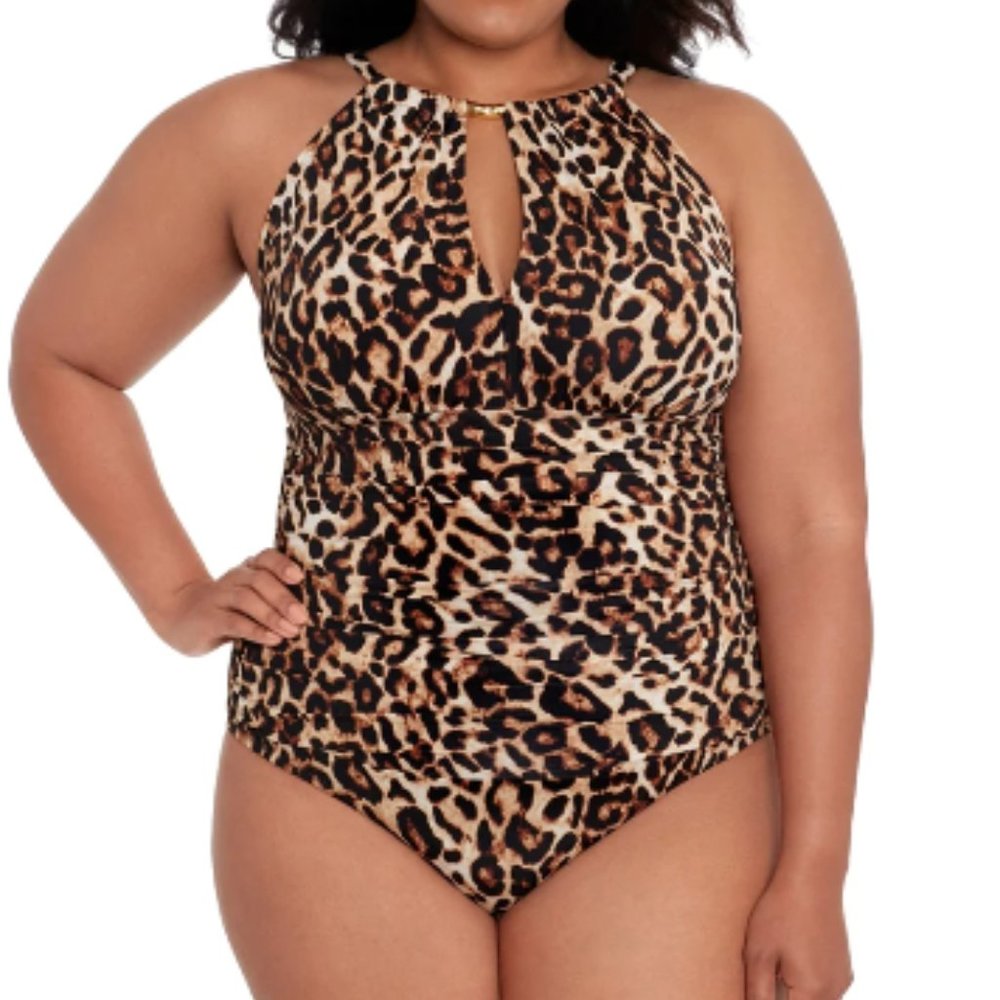 Lauren Ralph Lauren Women's Plus Size Leopard High Neck One Piece Swimsuit